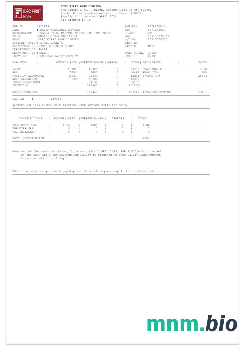 Szablon odcinka wypłaty IDFC First Bank LTD w formatach Word i PDF
